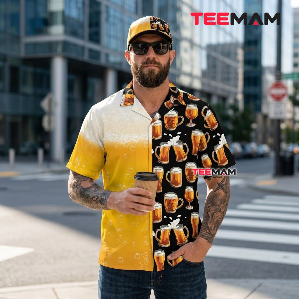 Beer Hawaiian Shirt Half Bubble Black Yellow Back Beer Hawaiian Shirt Half Bubble Black Yellow Back