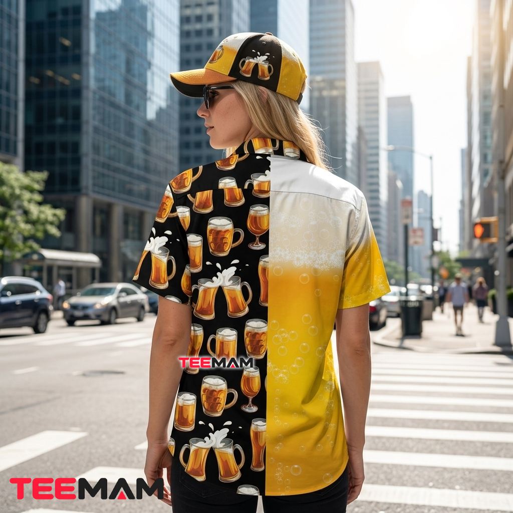 Beer Hawaiian Shirt Half Bubble Black Yellow Version 3 Beer Hawaiian Shirt Half Bubble Black Yellow Version 3