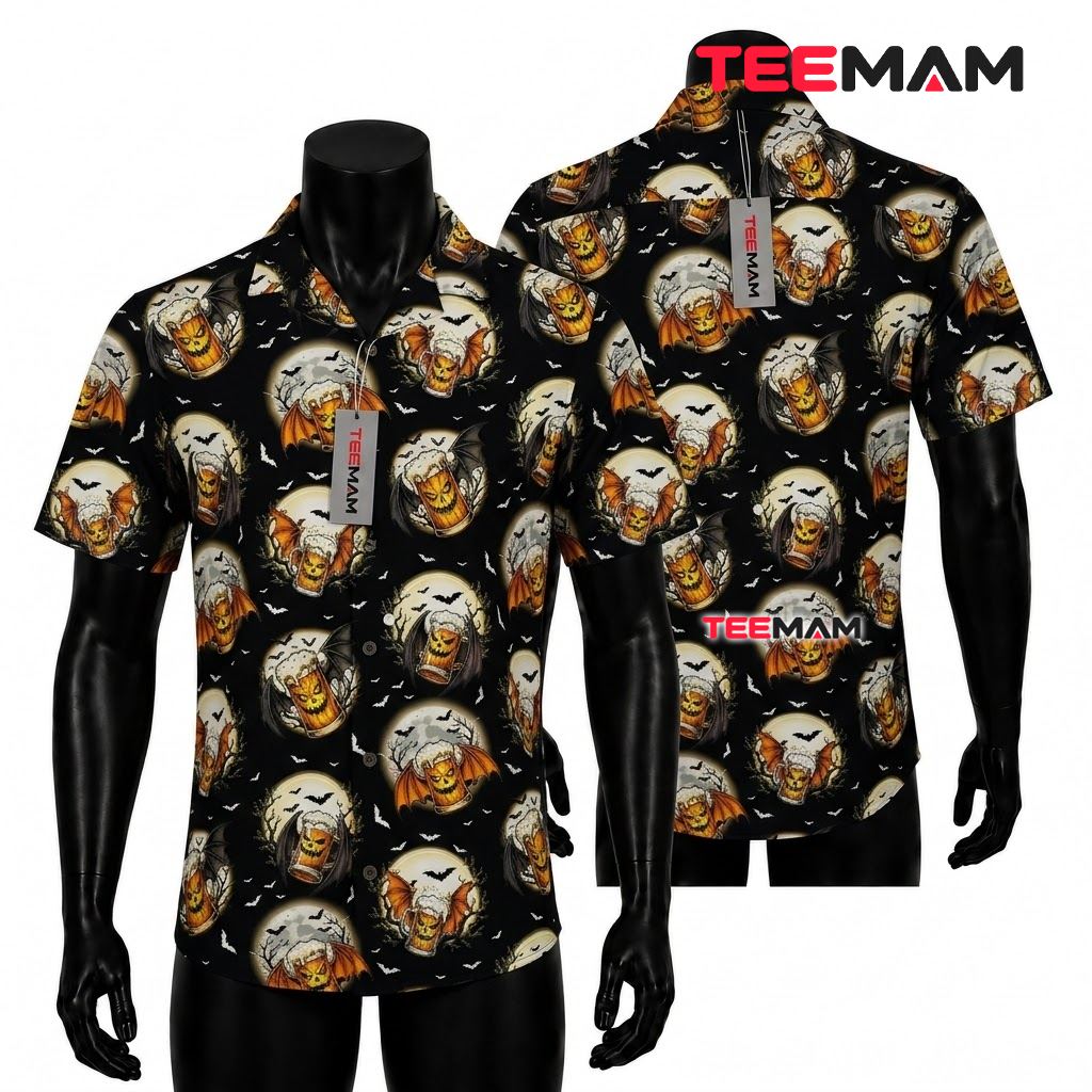 Beer Hawaiian Shirt Halloween Bat Wing Moon Front