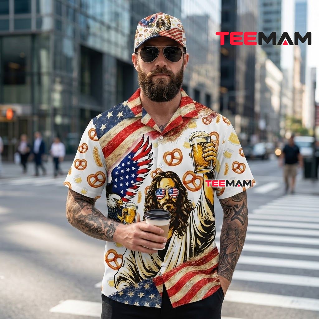 Beer Hawaiian Shirt Jesus Eagle American Flag Back Beer Hawaiian Shirt Jesus Eagle American Flag Back
