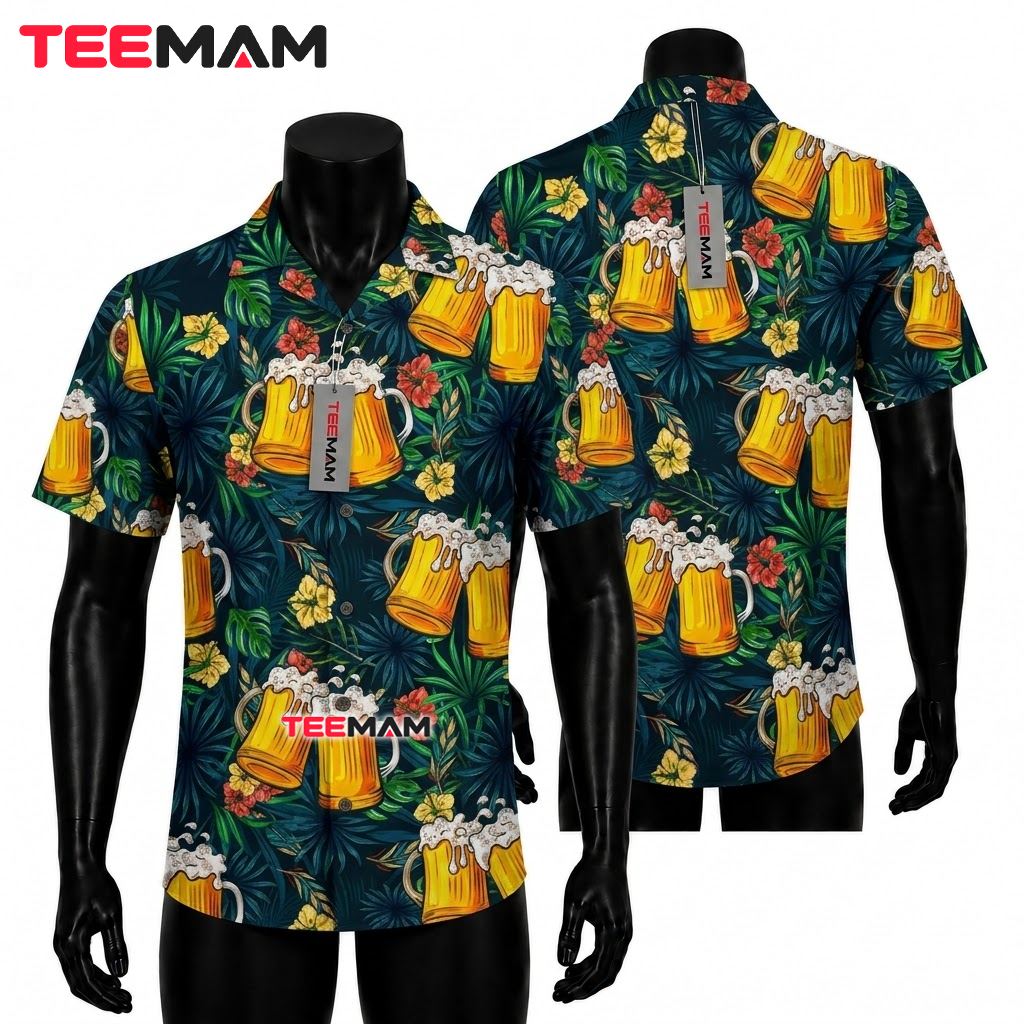 Beer Hawaiian Shirt Mug Cheers Tropical Floral Front