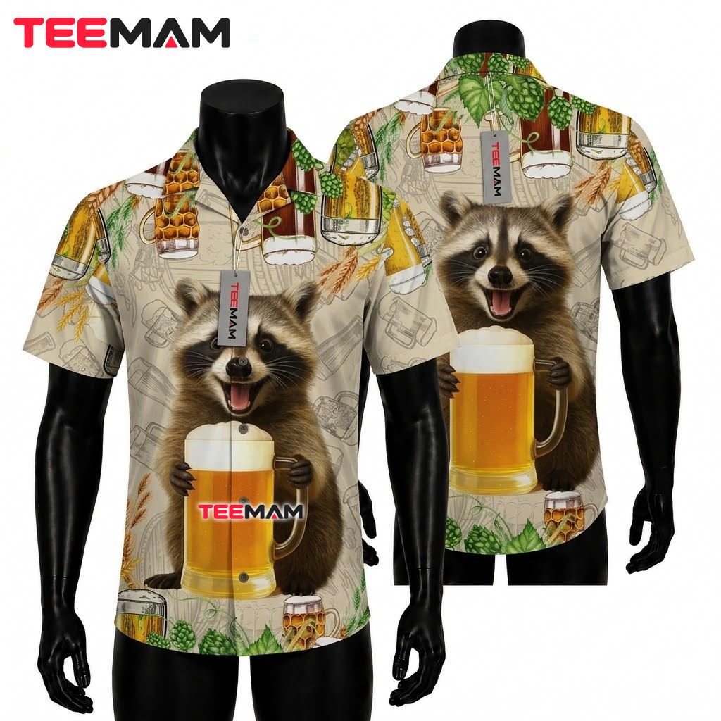 Beer Hawaiian Shirt Raccoon Mug Cheers Print Front