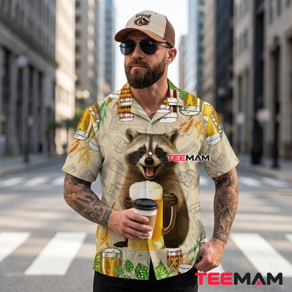 Beer Hawaiian Shirt Raccoon Mug Cheers Print Back Beer Hawaiian Shirt Raccoon Mug Cheers Print Back