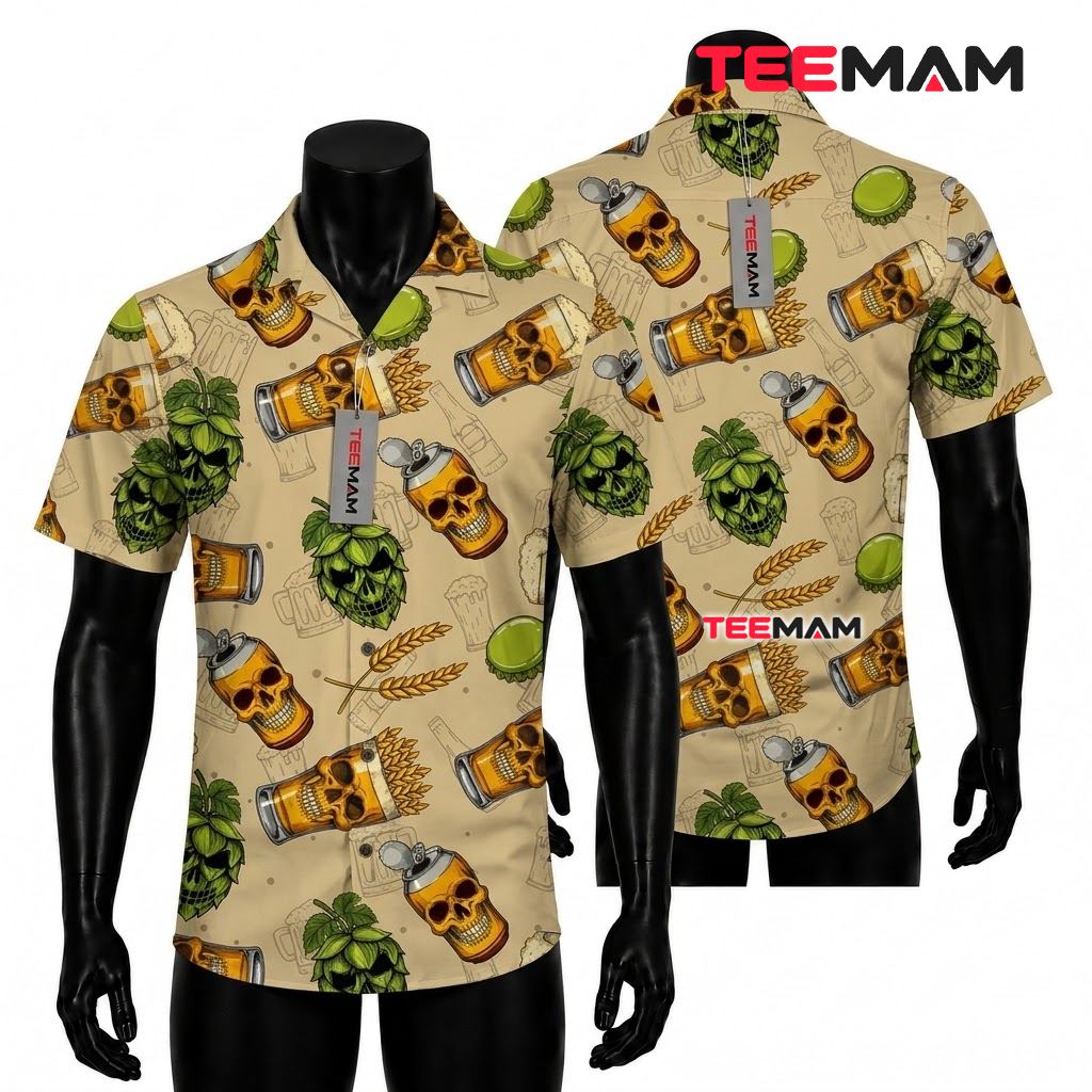 Beer Hawaiian Shirt Skull Hops Wheat Print Front