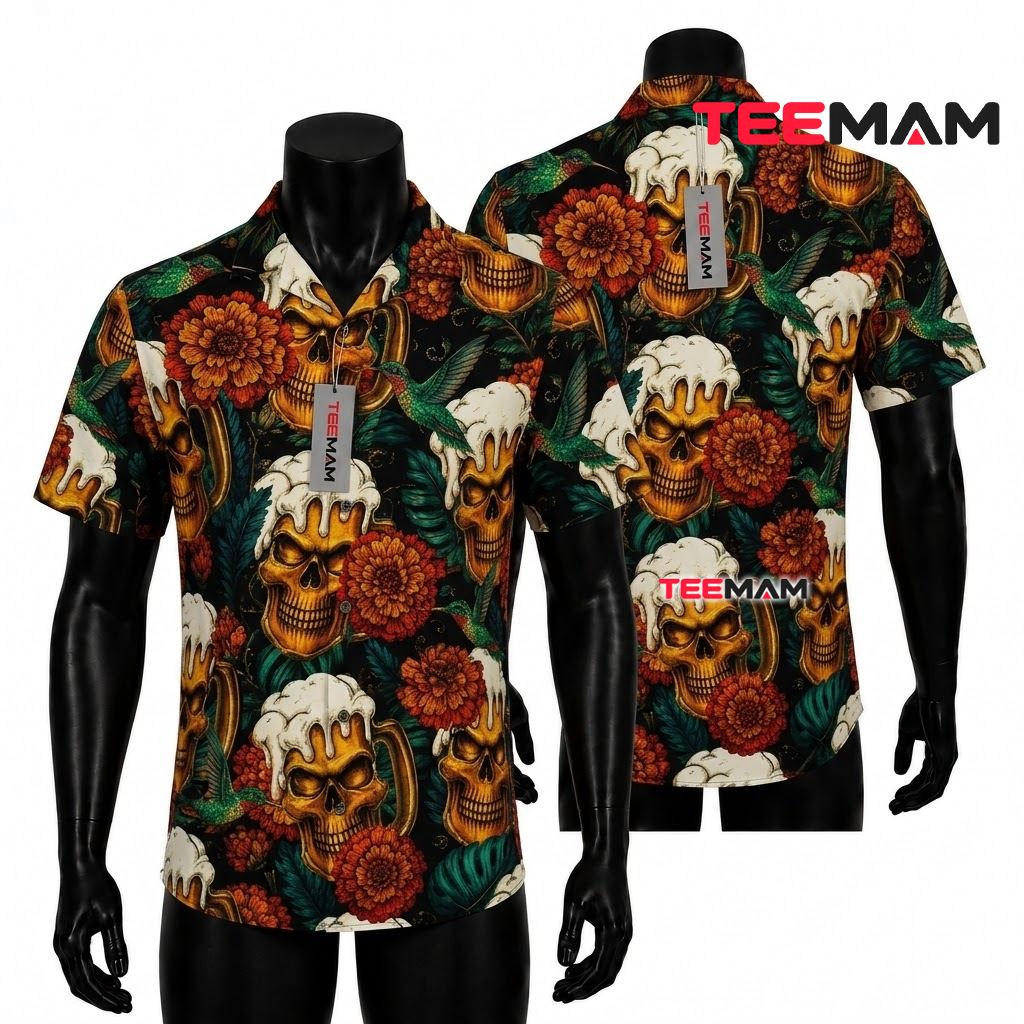 Beer Hawaiian Shirt Skull Hummingbird Marigold Floral Front