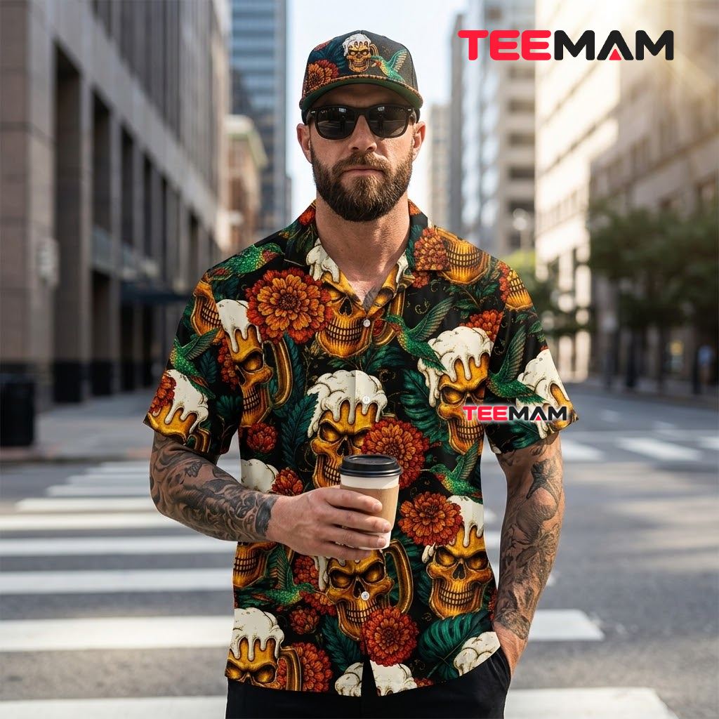 Beer Hawaiian Shirt Skull Hummingbird Marigold Floral Back Beer Hawaiian Shirt Skull Hummingbird Marigold Floral Back