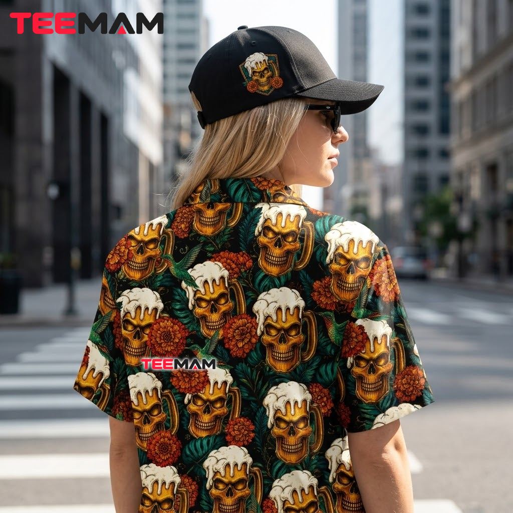 Beer Hawaiian Shirt Skull Hummingbird Marigold Floral Version 3 Beer Hawaiian Shirt Skull Hummingbird Marigold Floral Version 3