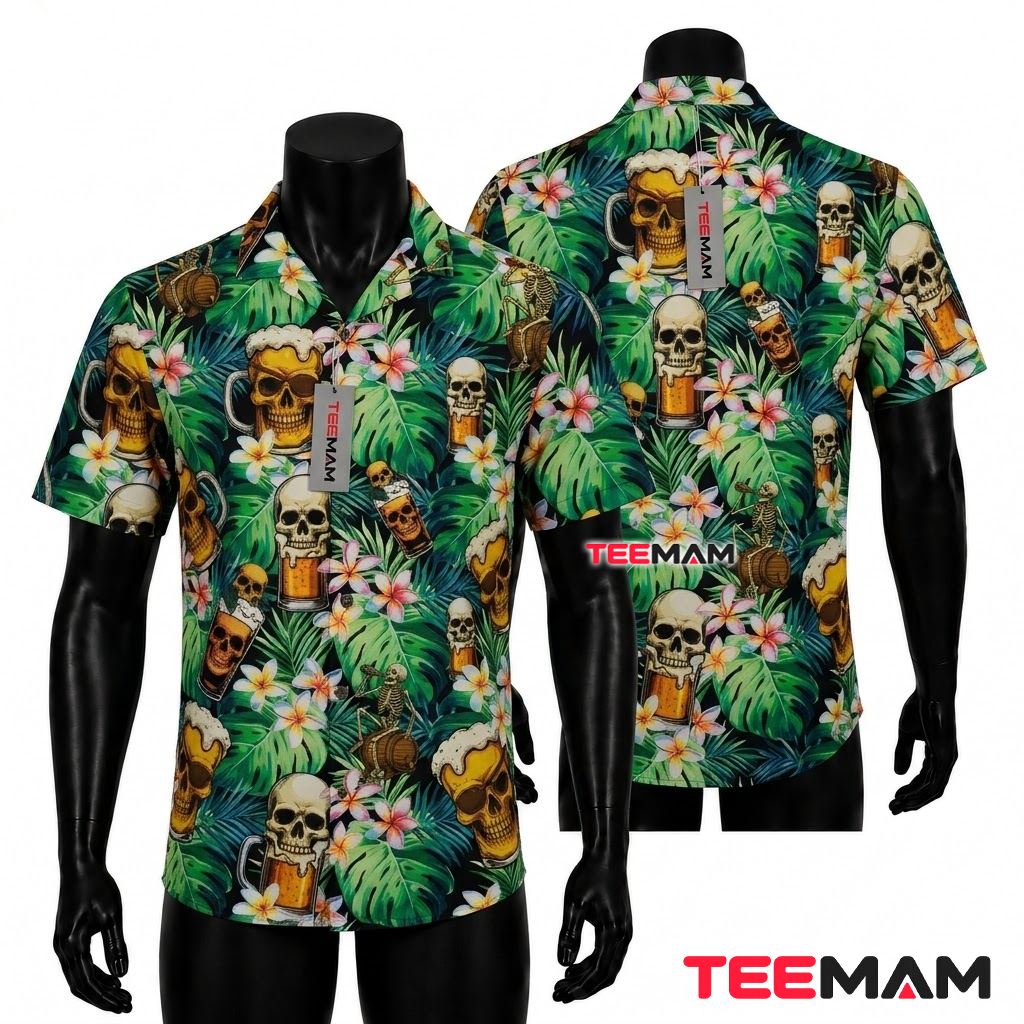 Beer Hawaiian Shirt Skull Palm Leaf Tropical Front