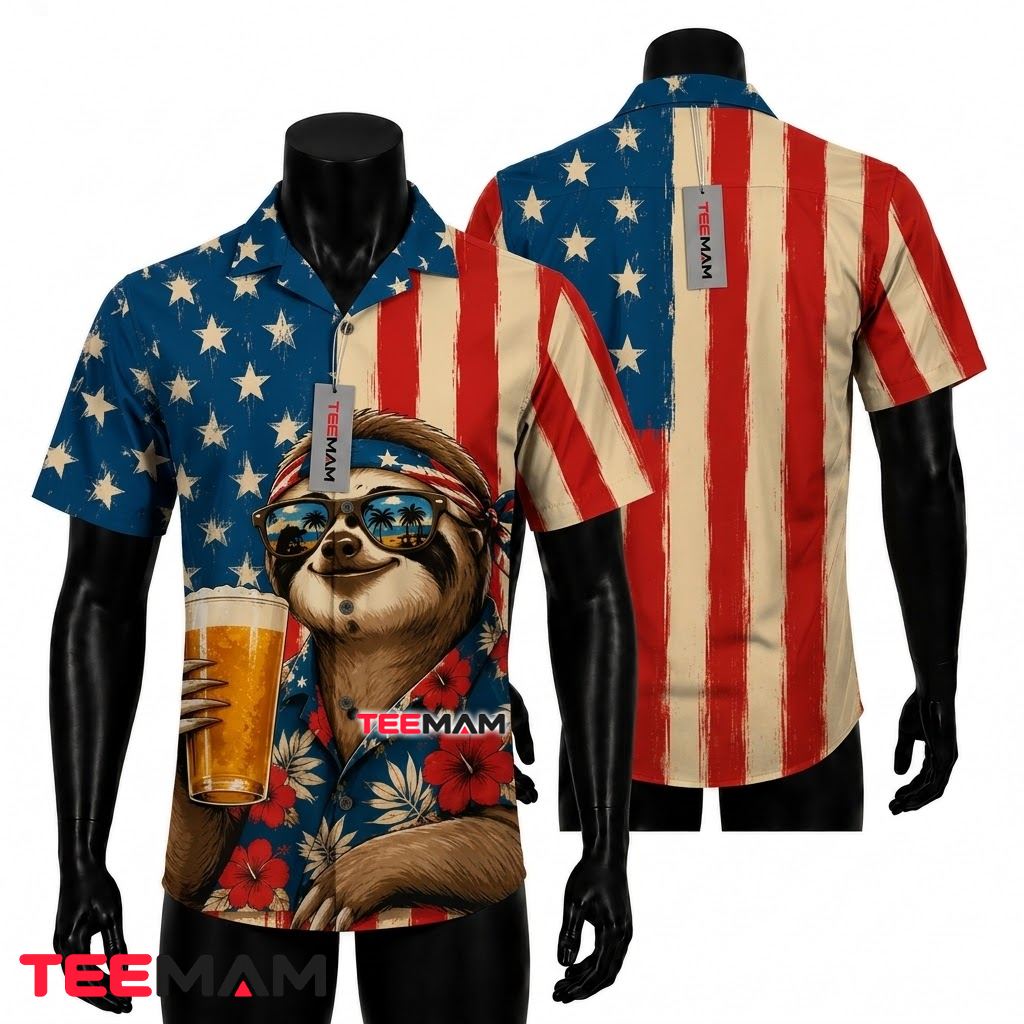 Beer Hawaiian Shirt Sloth American Flag Sunglasses Front
