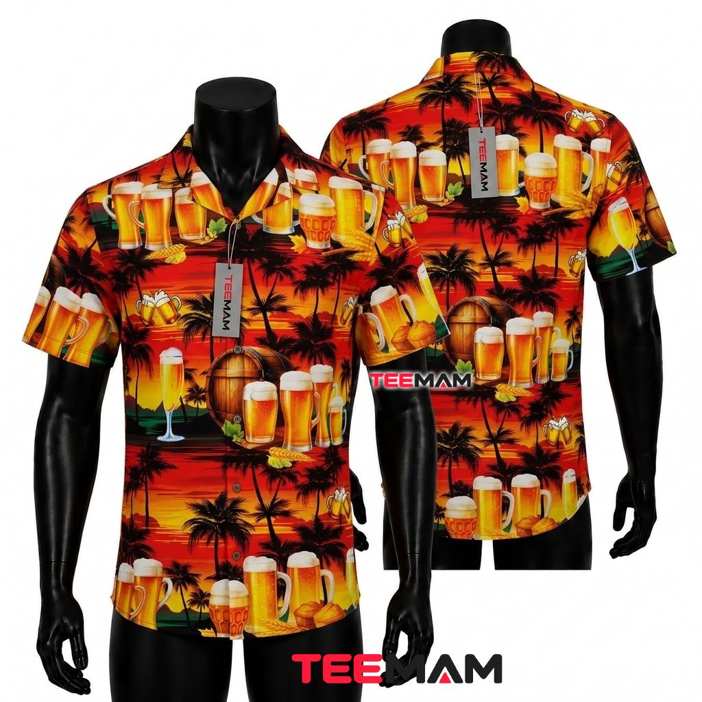 Beer Hawaiian Shirt Sunset Palm Tree Silhouette Front