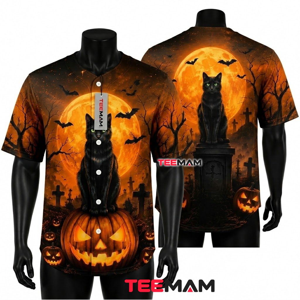 Black Cat Halloween Baseball Jersey Pumpkin Graveyard Orange 1