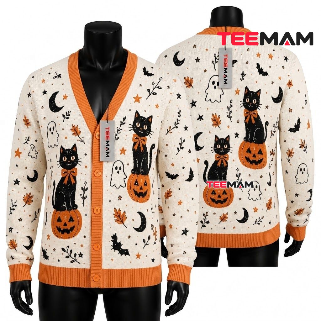 Black Cat Halloween Cardigan Bow Pumpkin Ghost 1
