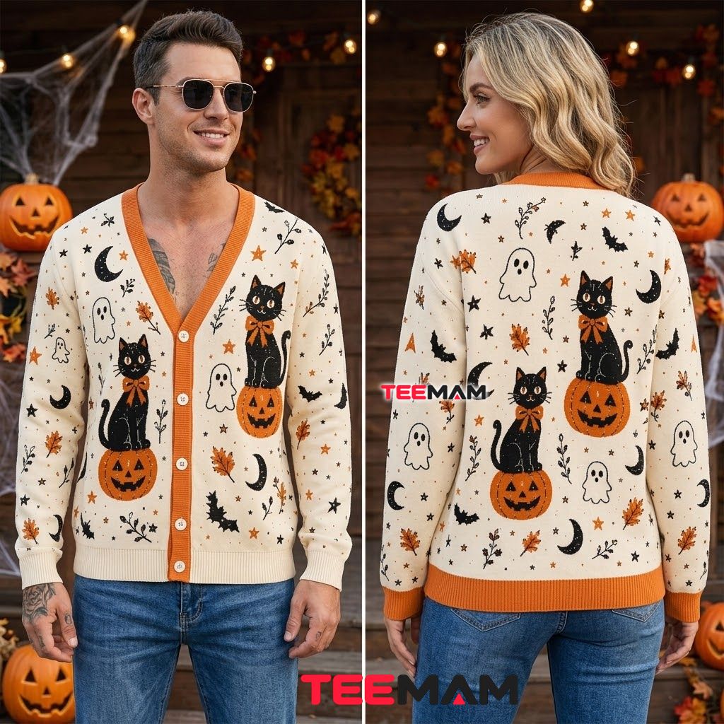 Black Cat Halloween Cardigan Bow Pumpkin Ghost 2 Black Cat Halloween Cardigan Bow Pumpkin Ghost 2