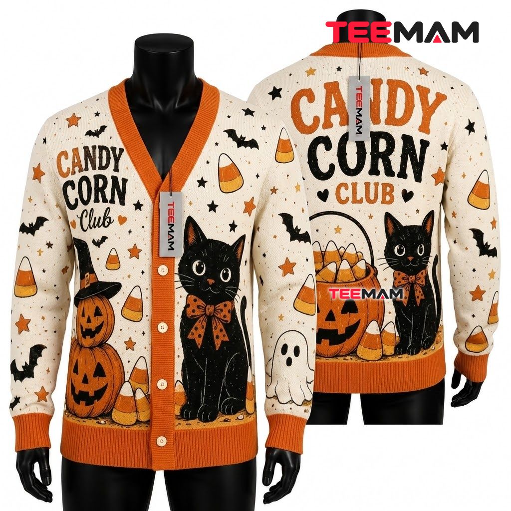 Black Cat Halloween Cardigan Candy Corn Club 1