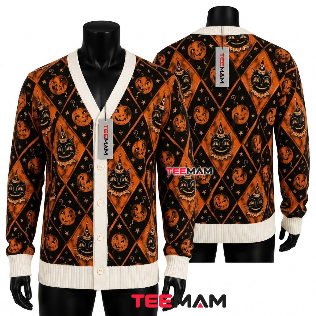 Black Cat Halloween Cardigan Diamond Witch Hat 1