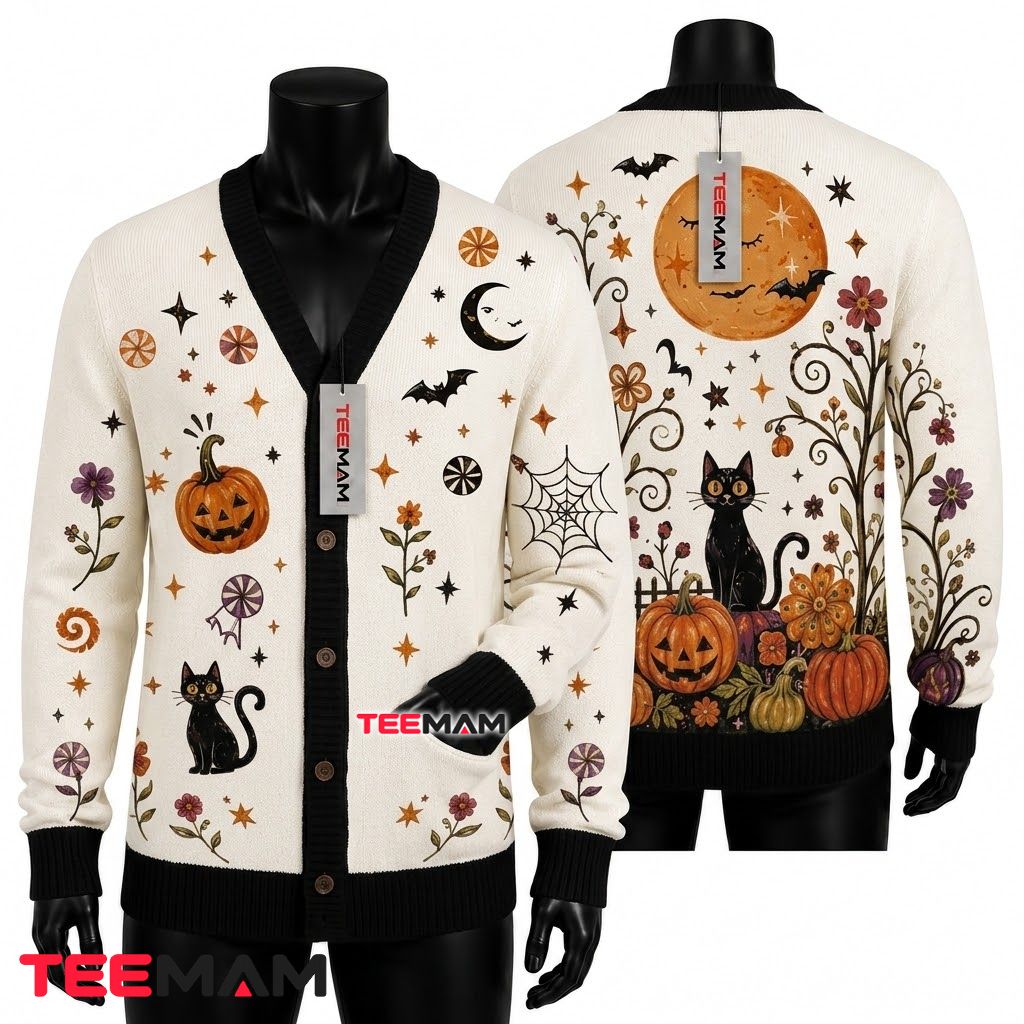 Black Cat Halloween Cardigan Floral Pumpkin Moon 1