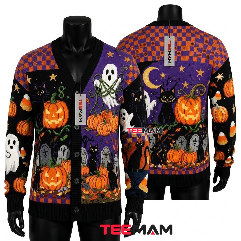 Black Cat Halloween Cardigan Graveyard Checkered Pumpkin 1