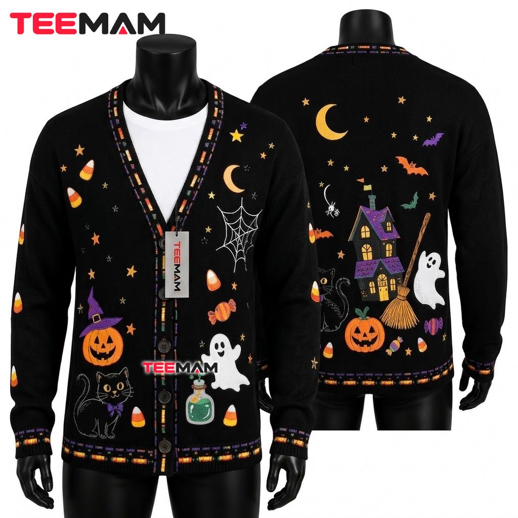 Black Cat Halloween Cardigan Haunted House Broom 1