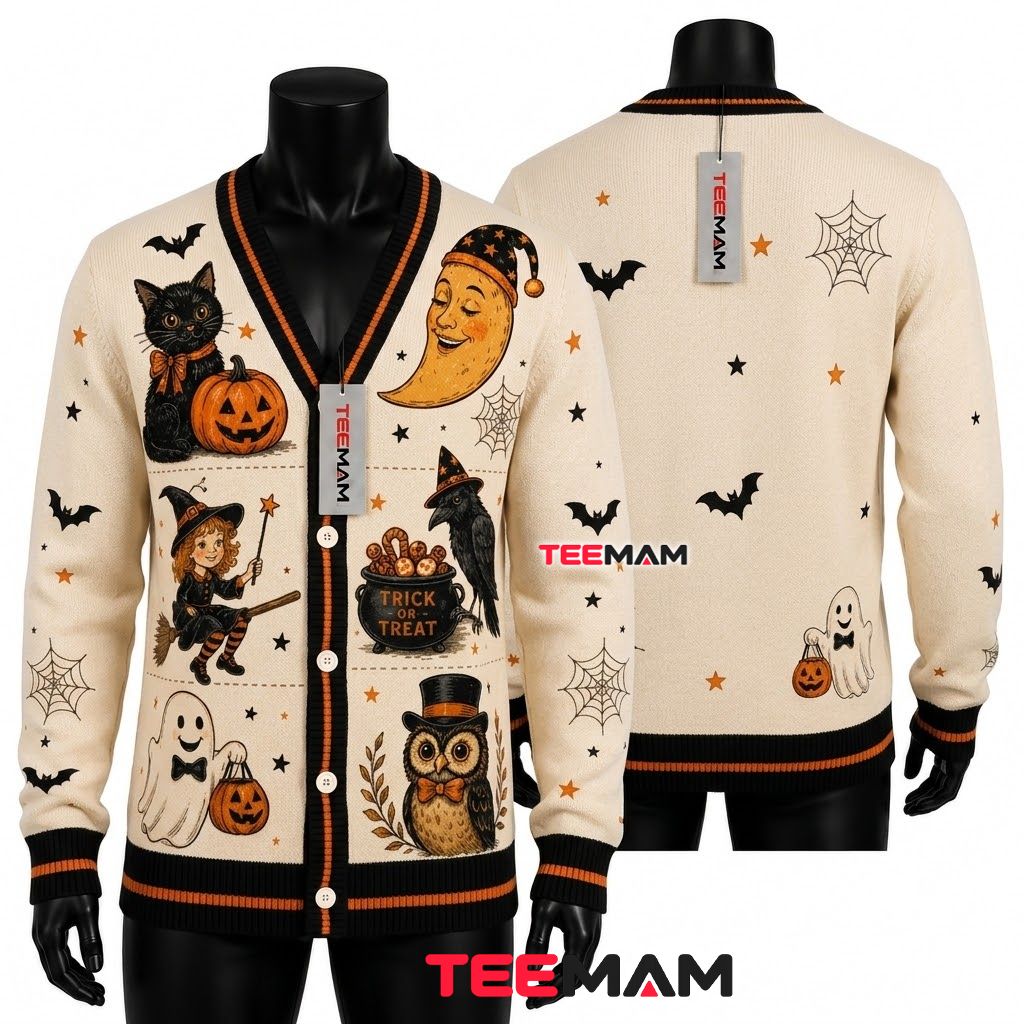 Black Cat Halloween Cardigan Moon Face Owl 1