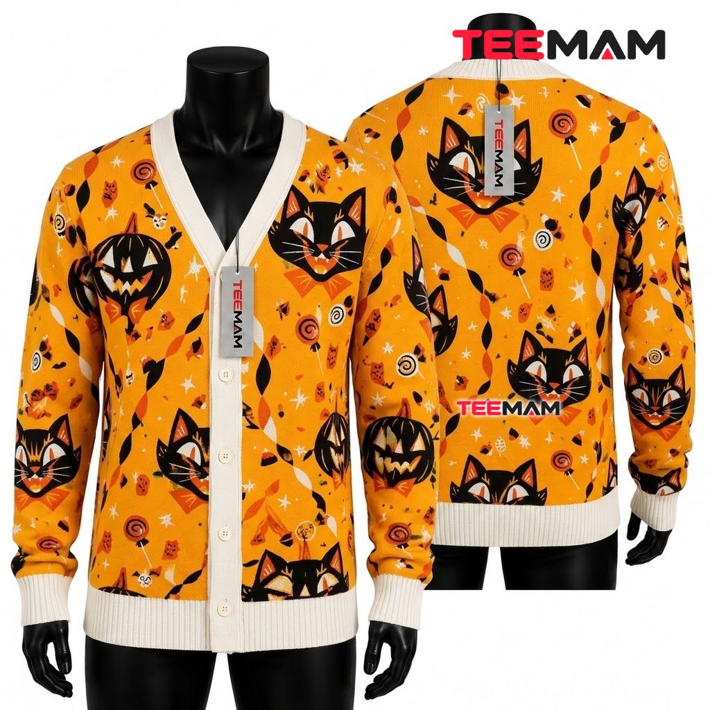 Black Cat Halloween Cardigan Mustard Pumpkin Candy 1