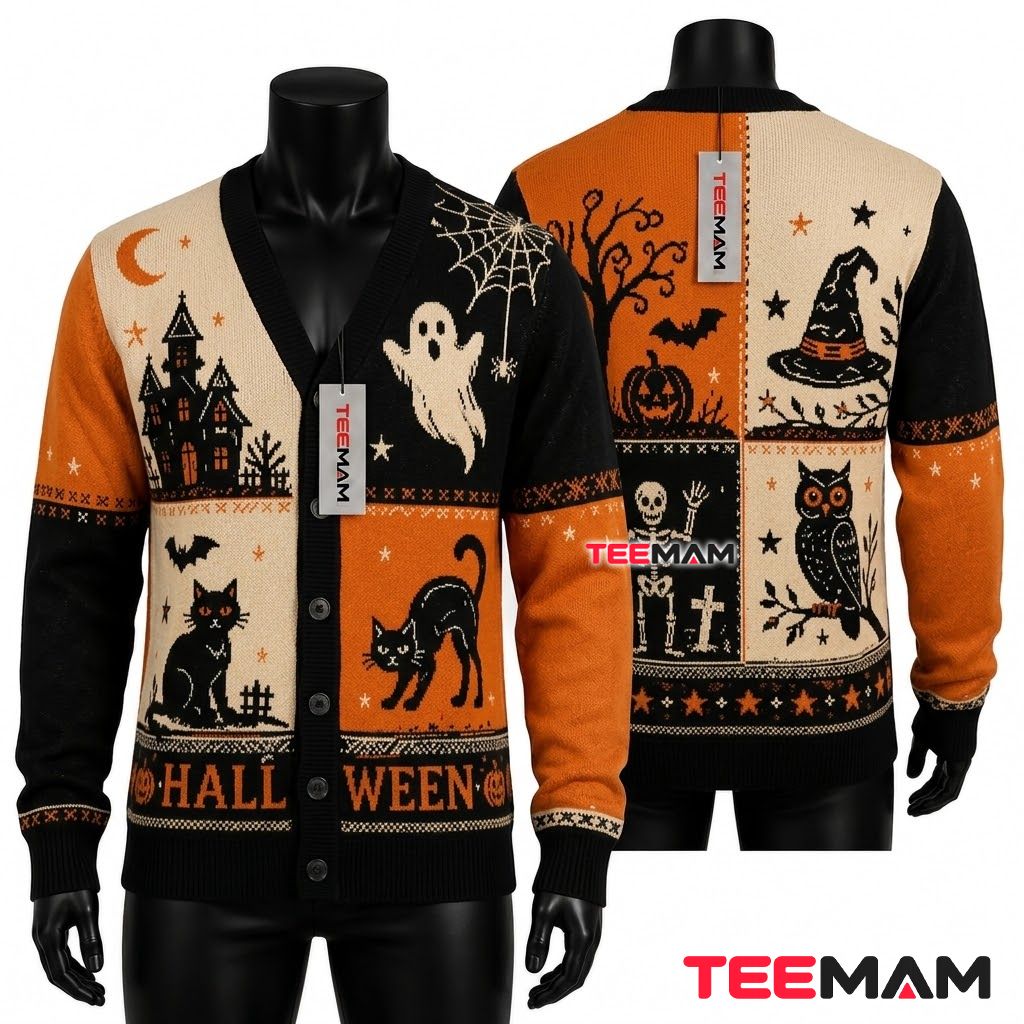 Black Cat Halloween Cardigan Owl Skeleton Witch 1