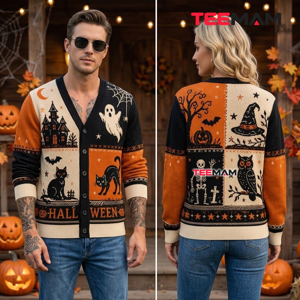 Black Cat Halloween Cardigan Owl Skeleton Witch 2 Black Cat Halloween Cardigan Owl Skeleton Witch 2