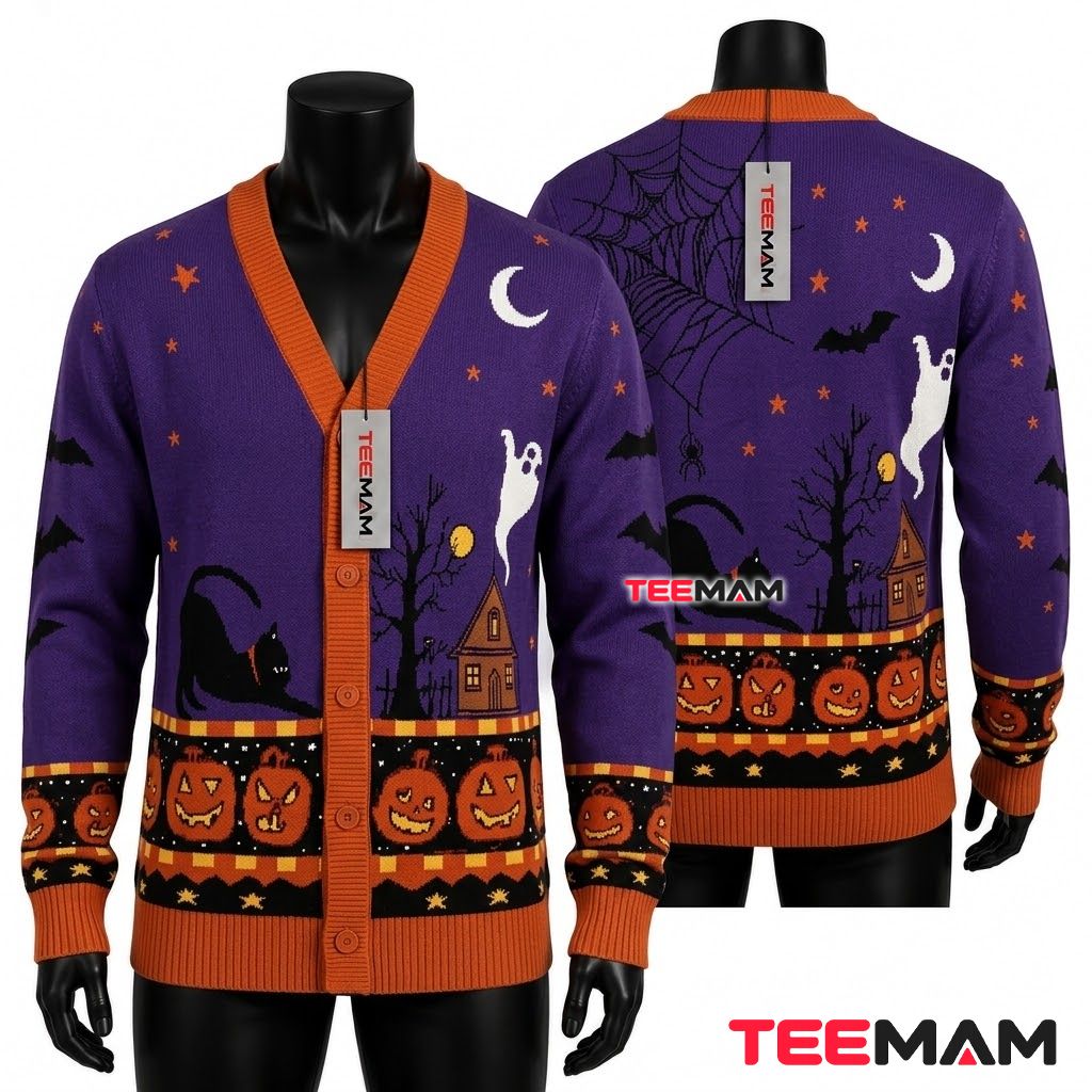 Black Cat Halloween Cardigan Purple Pumpkin Row 1
