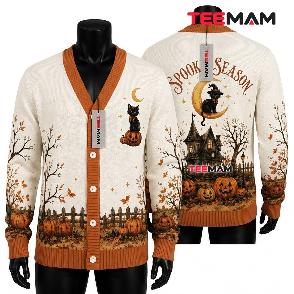 Black Cat Halloween Cardigan Spooky Season Haunted House 1