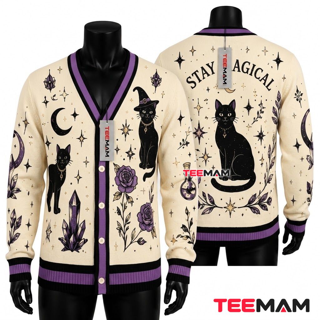 Black Cat Halloween Cardigan Stay Magical Crystal 1