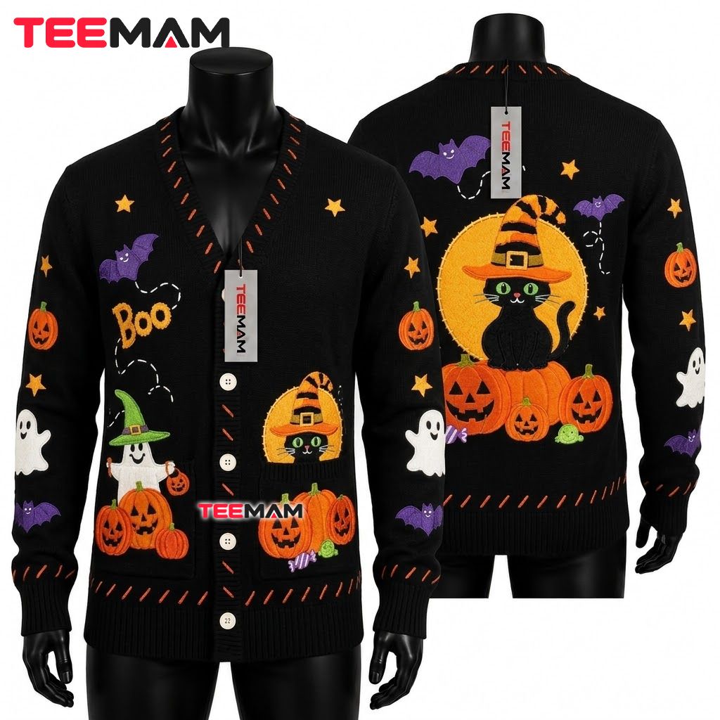 Black Cat Halloween Cardigan Witch Hat Pumpkin 1