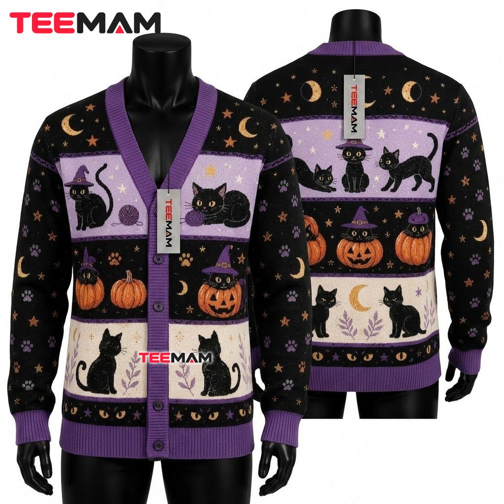 Black Cat Halloween Cardigan Witch Hat Pumpkin Stripe 1