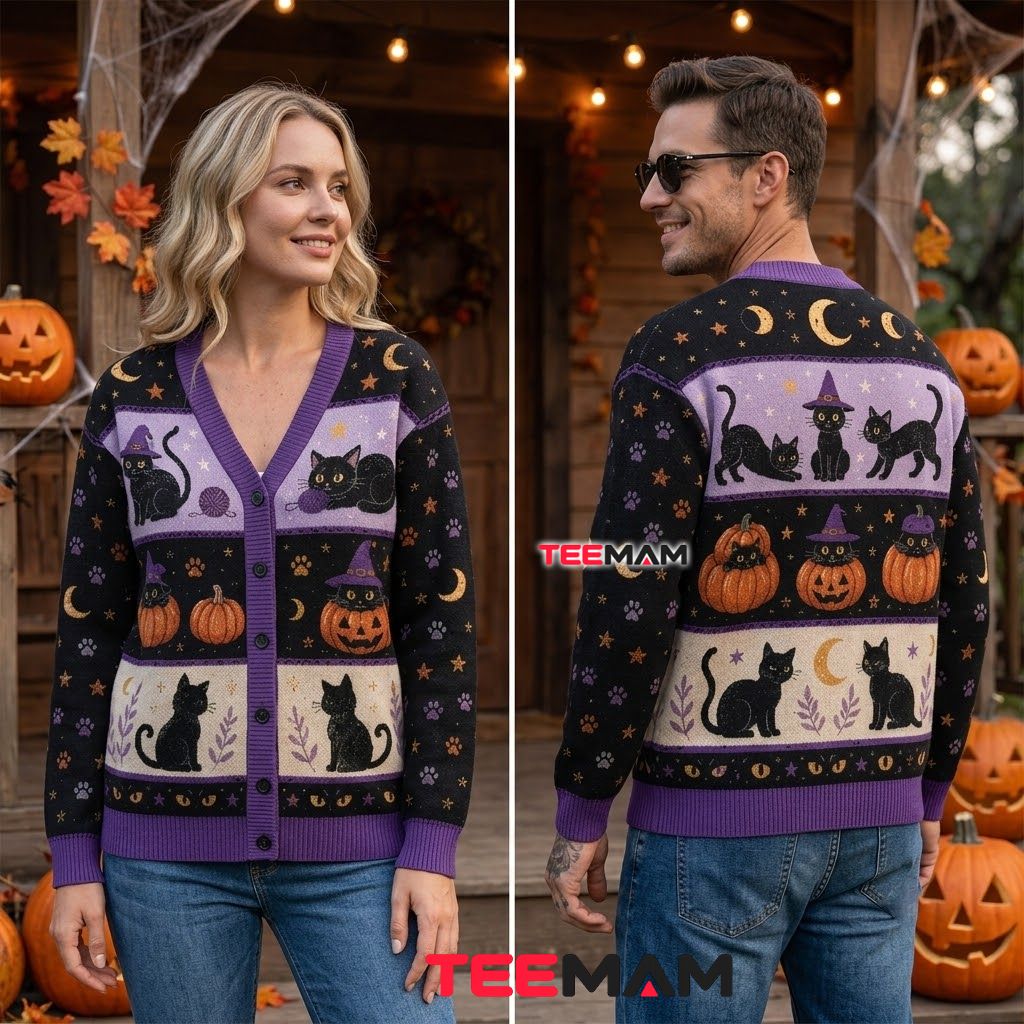 Black Cat Halloween Cardigan Witch Hat Pumpkin Stripe 2 Black Cat Halloween Cardigan Witch Hat Pumpkin Stripe 2