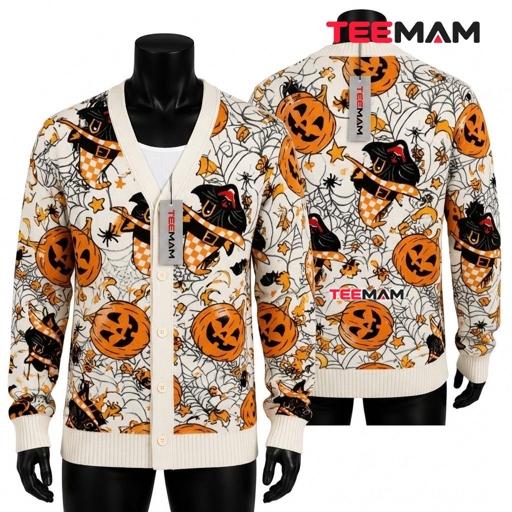 Black Cat Halloween Cardigan Witch Pumpkin Checker 1