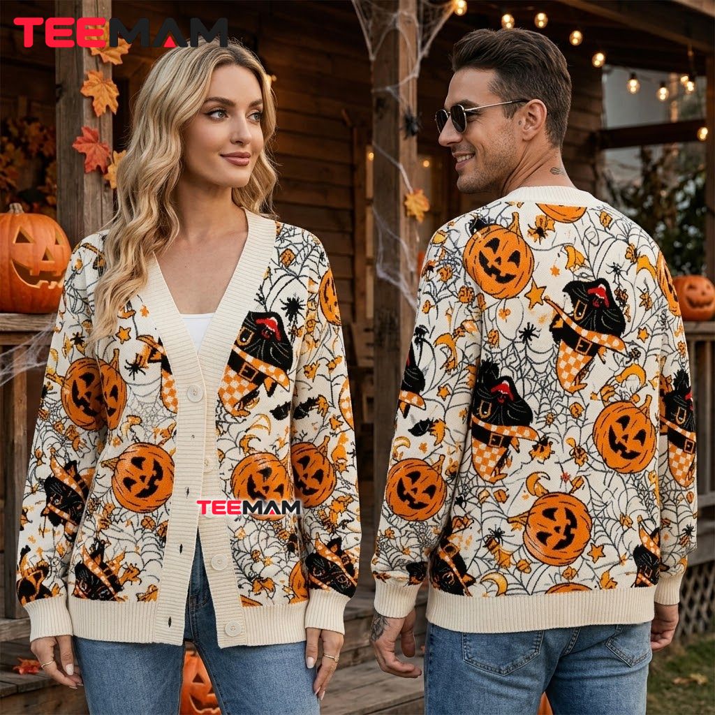 Black Cat Halloween Cardigan Witch Pumpkin Checker 2 Black Cat Halloween Cardigan Witch Pumpkin Checker 2