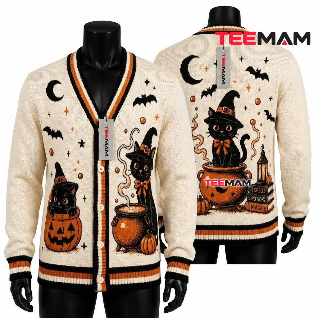 Black Cat Halloween Cardigan Witchy Cat Knit 1