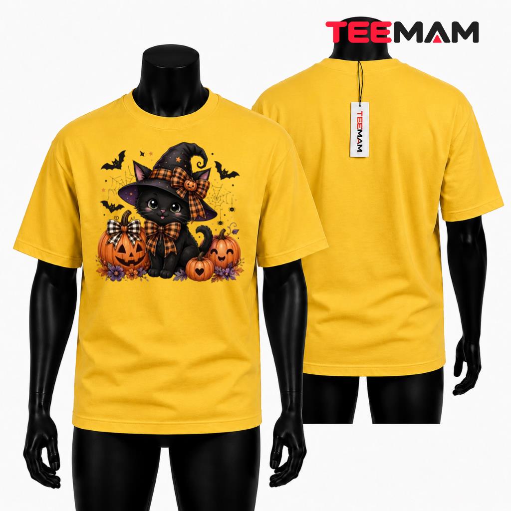 Black Cat Halloween T-Shirt Witch Hat Pumpkin Spooky