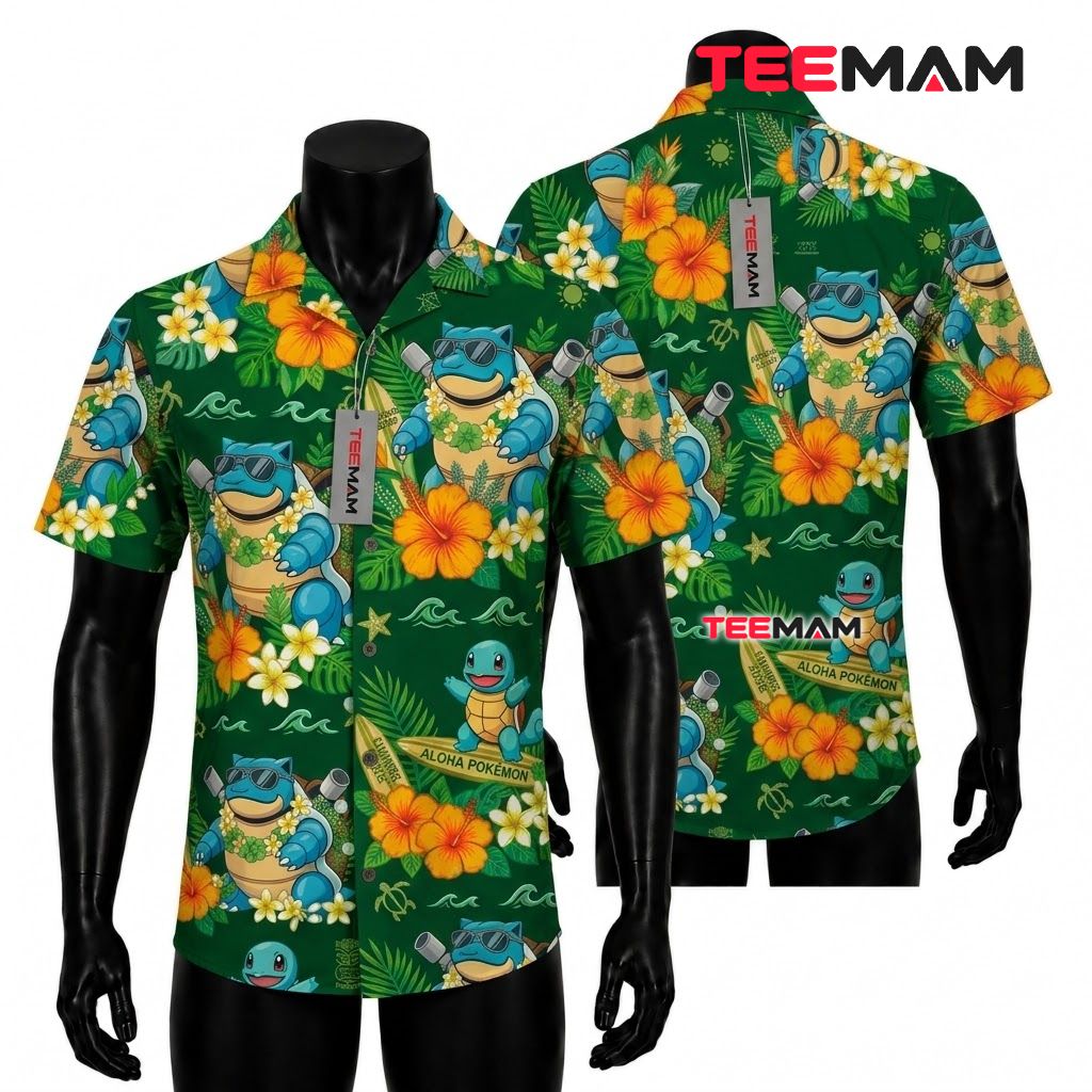 Blastoise Pokemon Hawaiian Shirt Aloha Tiki Green Front