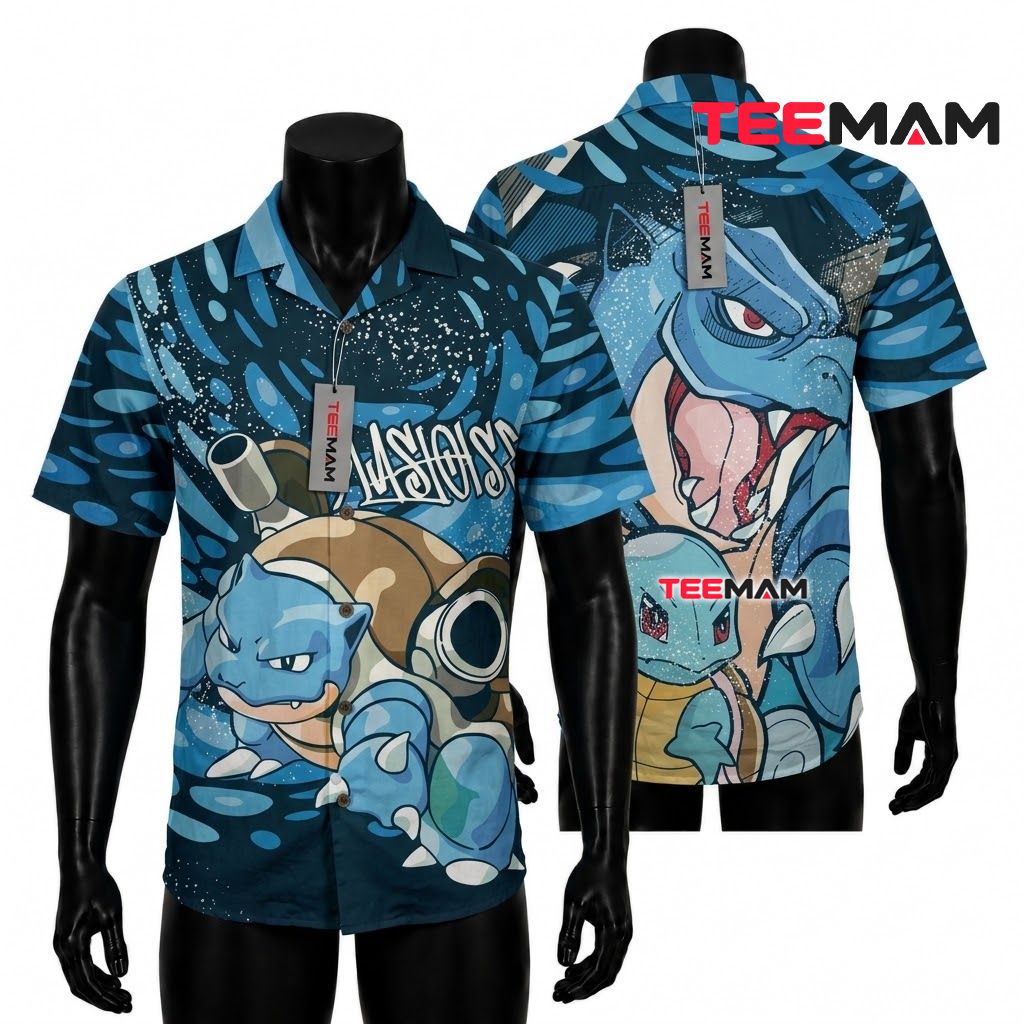 Blastoise Pokemon Hawaiian Shirt Splash Dark Blue Front