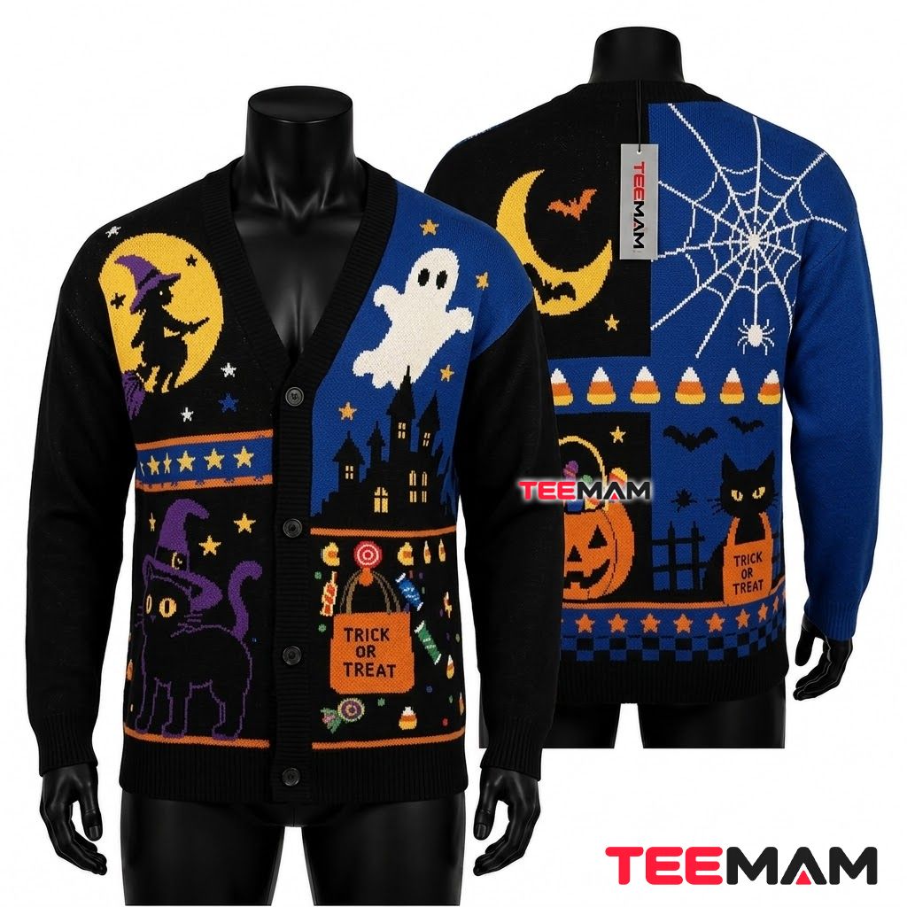Blue Halloween Cardigan Witch Cat Ghost 1