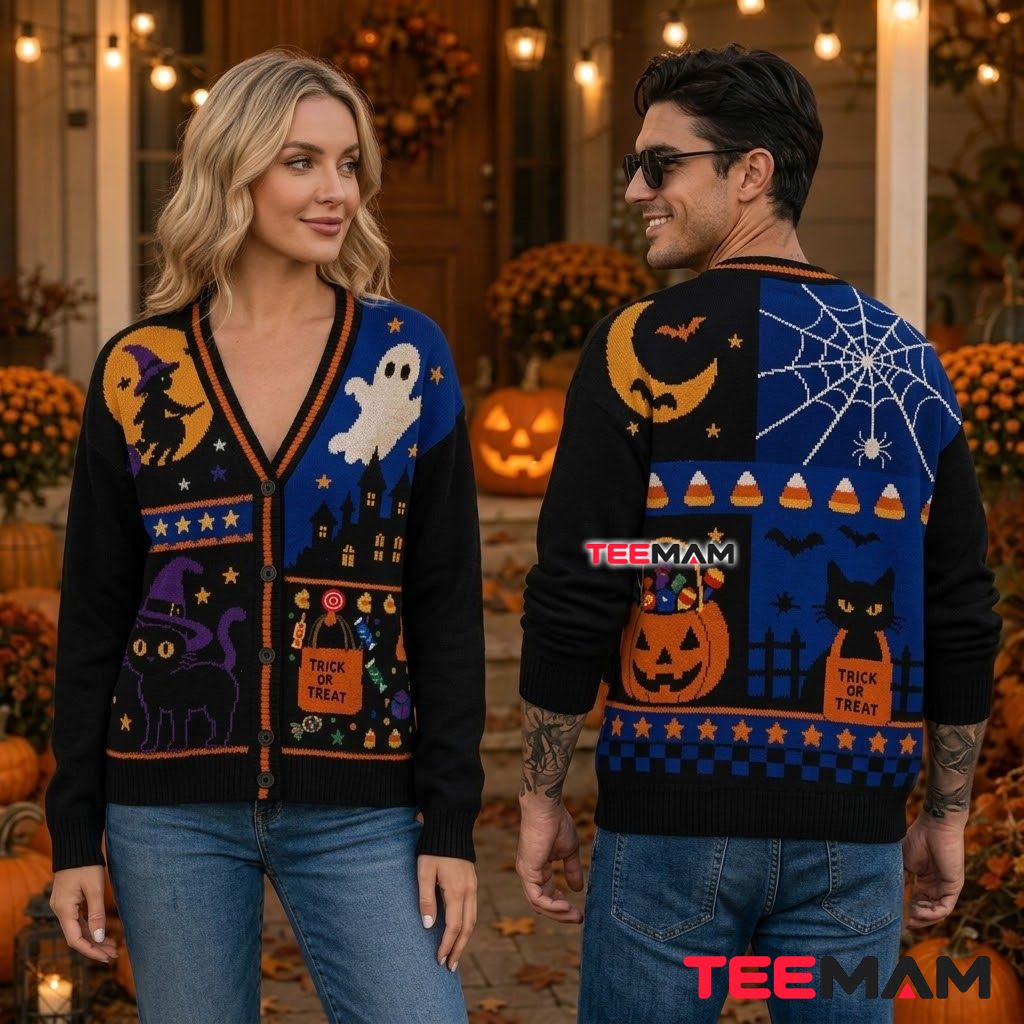 Blue Halloween Cardigan Witch Cat Ghost 2 Blue Halloween Cardigan Witch Cat Ghost 2