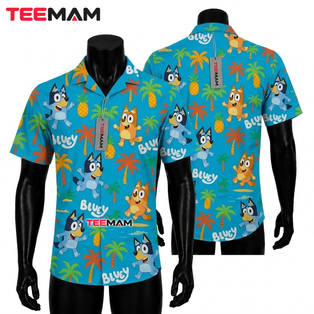 Bluey Hawaiian Shirt Bingo Palm Turquoise Print Front