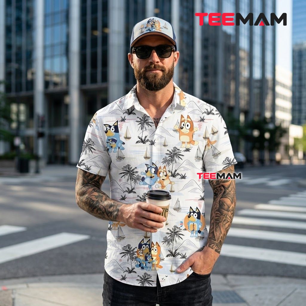 Bluey Hawaiian Shirt Family Sailboat White Print Back Bluey Hawaiian Shirt Family Sailboat White Print Back