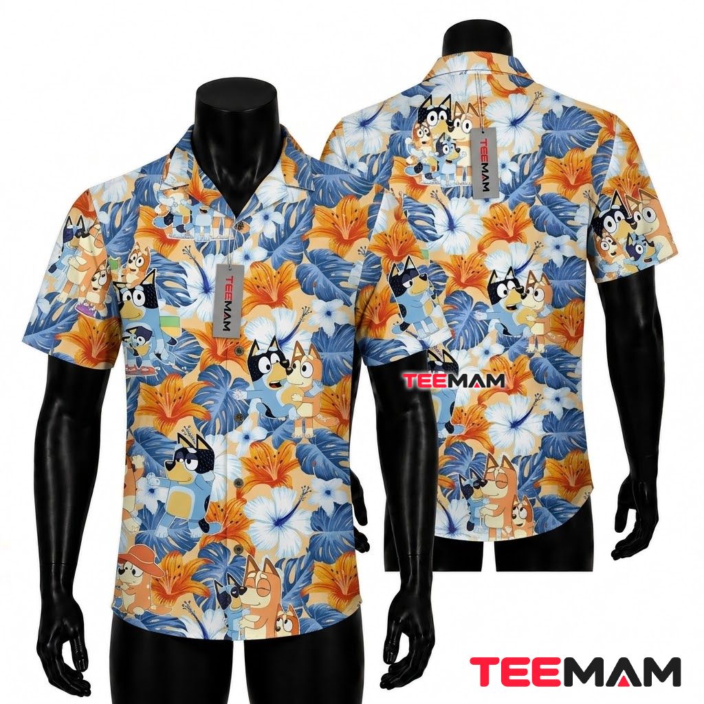 Bluey Hawaiian Shirt Family Tropical Floral Print Front