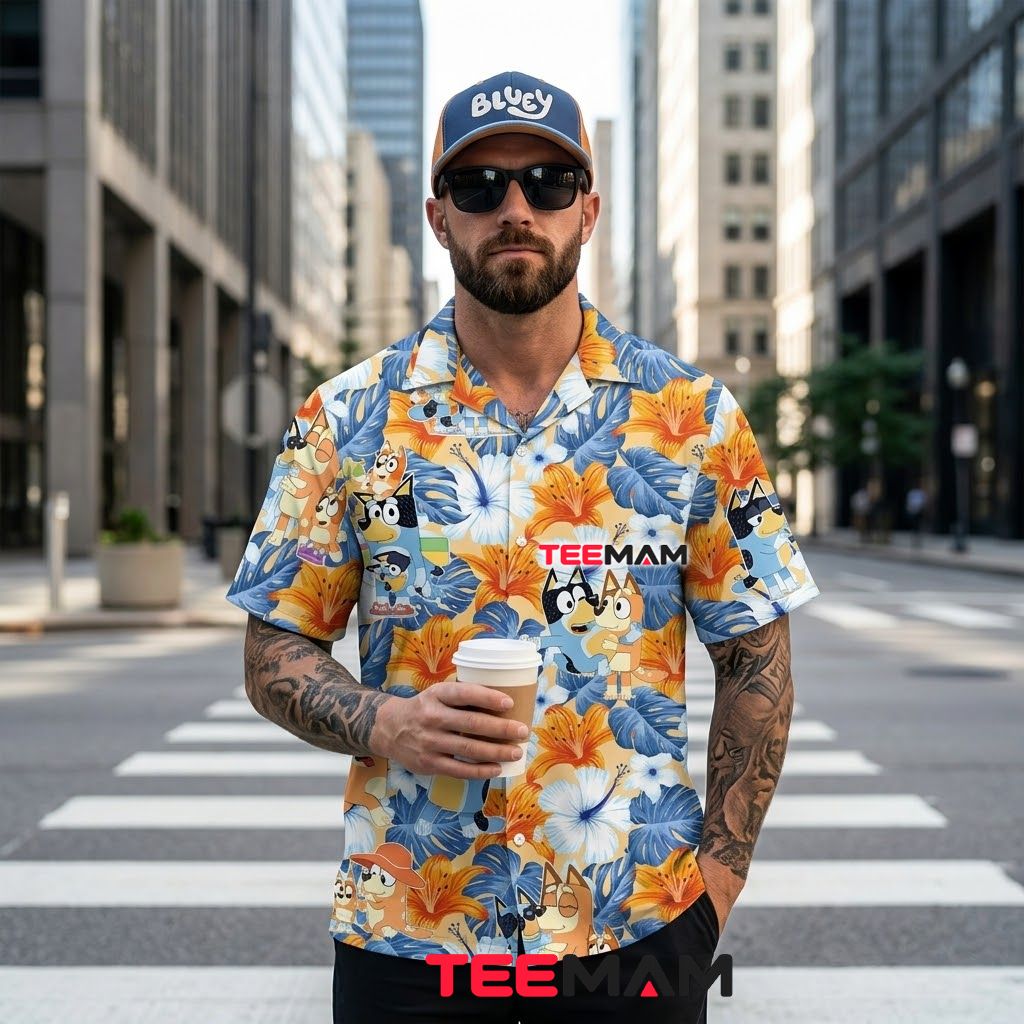 Bluey Hawaiian Shirt Family Tropical Floral Print Back Bluey Hawaiian Shirt Family Tropical Floral Print Back