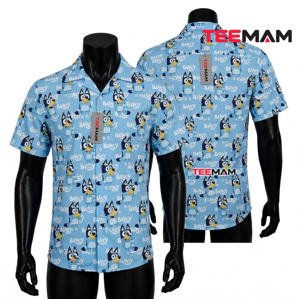 Bluey Hawaiian Shirt Solid Blue Character Print Front