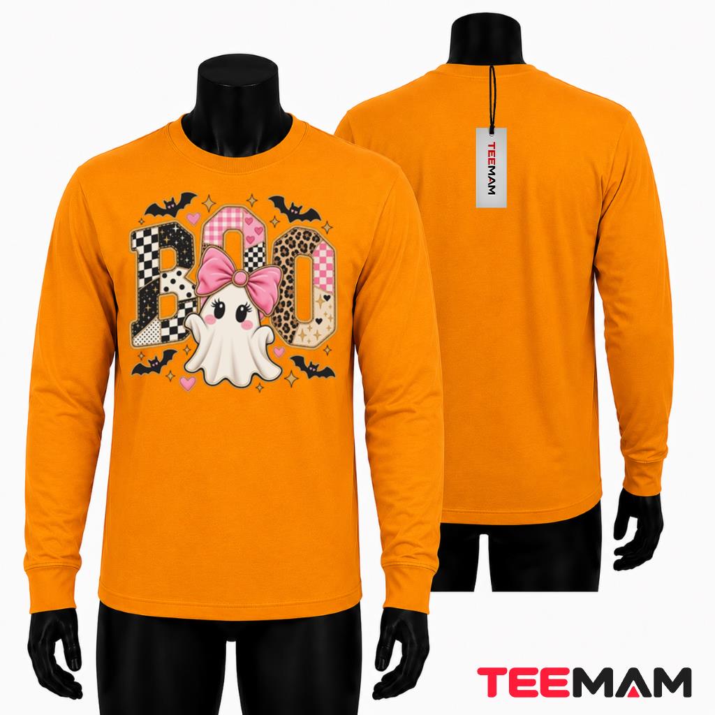 Boo Ghost Halloween Long Sleeve Pink Bow Coquette Bat Boo Ghost Halloween Long Sleeve Pink Bow Coquette Bat