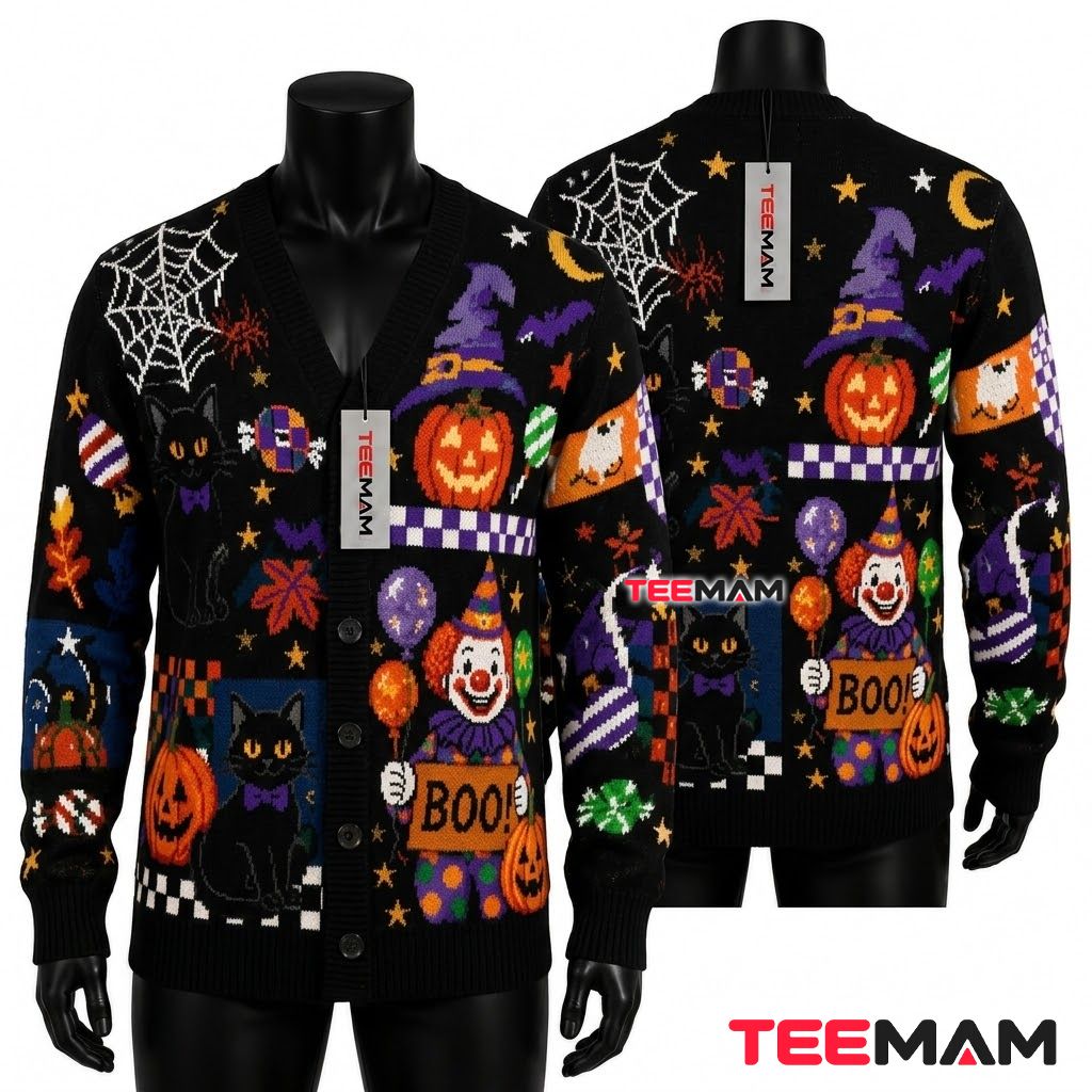 Boo Halloween Cardigan Clown Black Cat 1