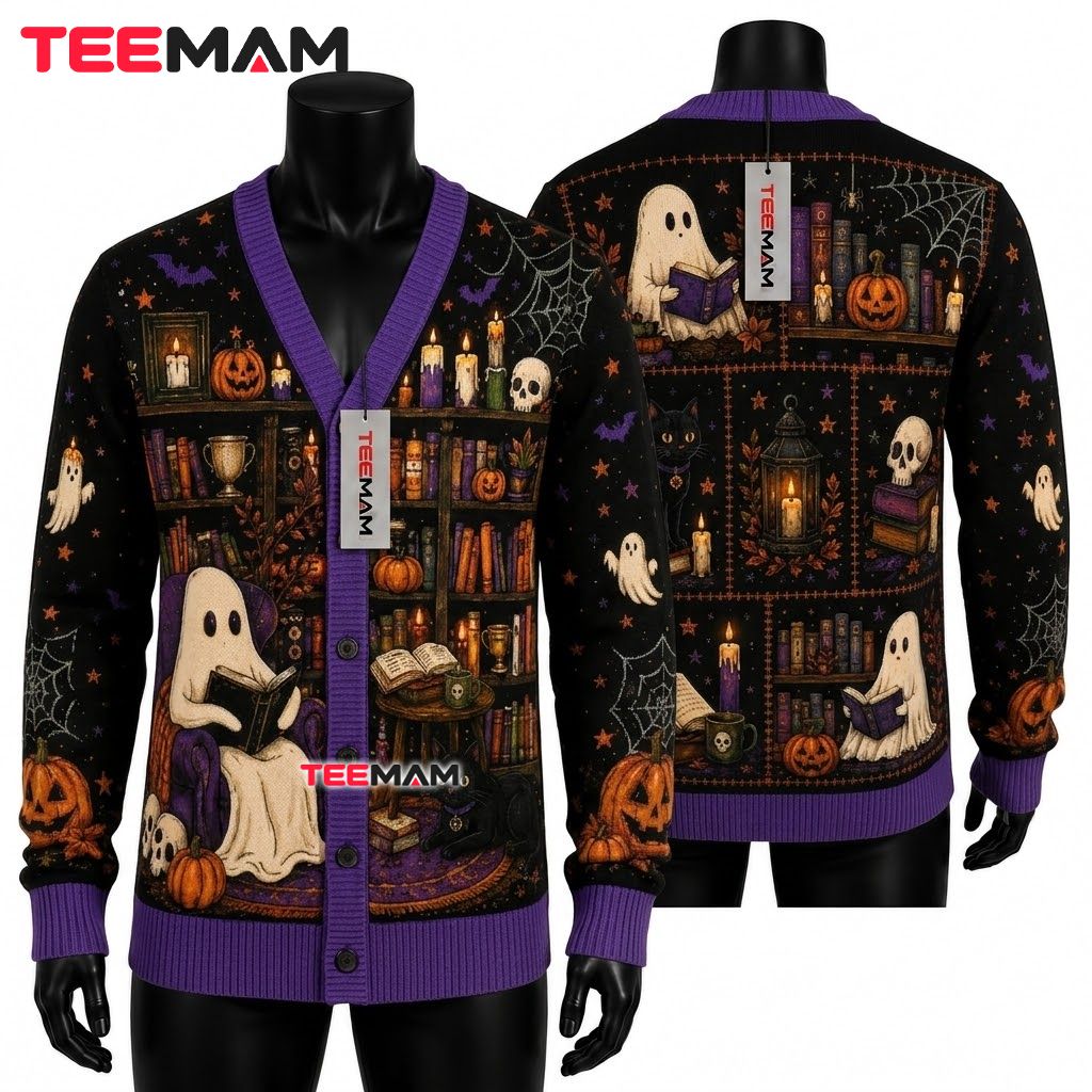 Bookish Halloween Cardigan Ghost Black Cat 1