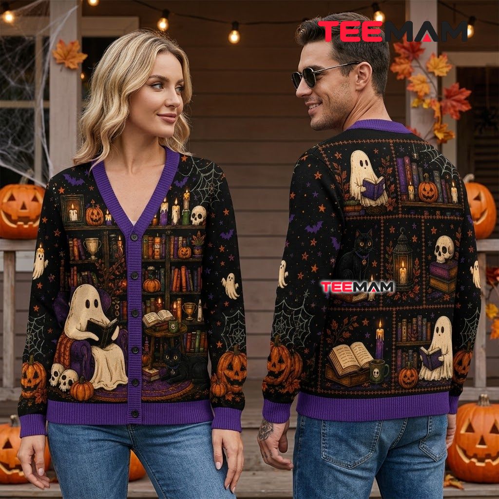 Bookish Halloween Cardigan Ghost Black Cat 2 Bookish Halloween Cardigan Ghost Black Cat 2