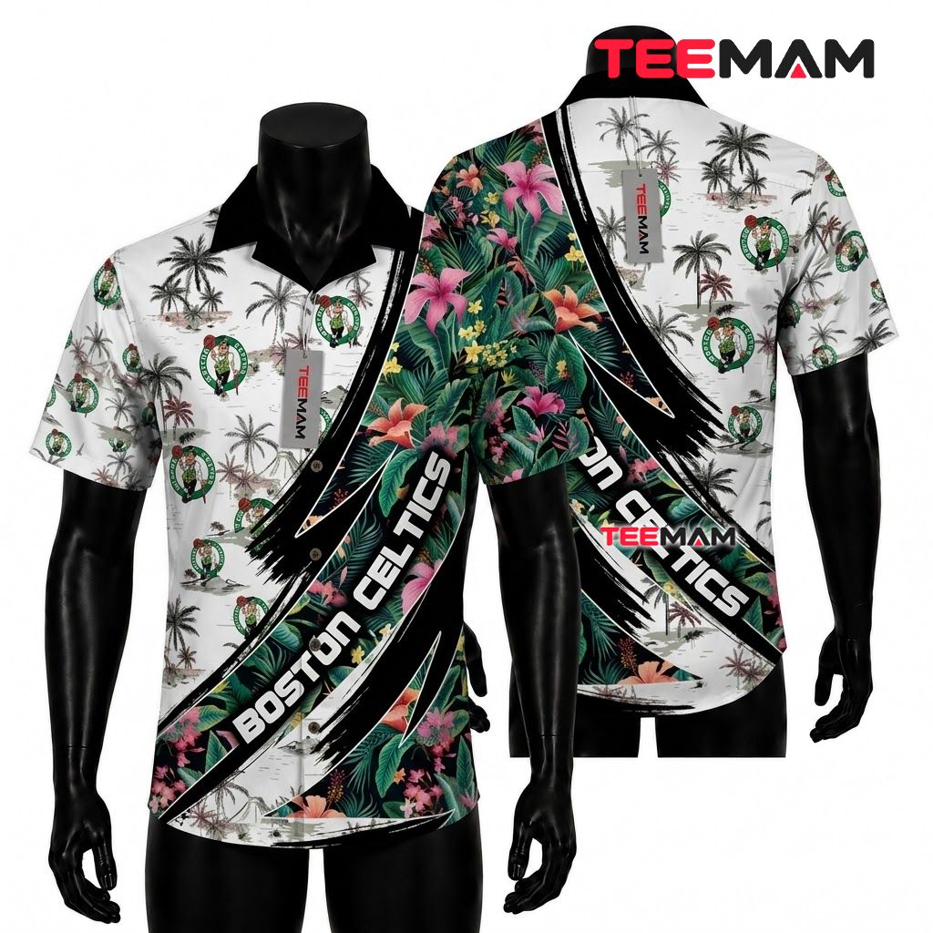 Boston Celtics Hawaiian Shirt Colorful Botanical Beach Front